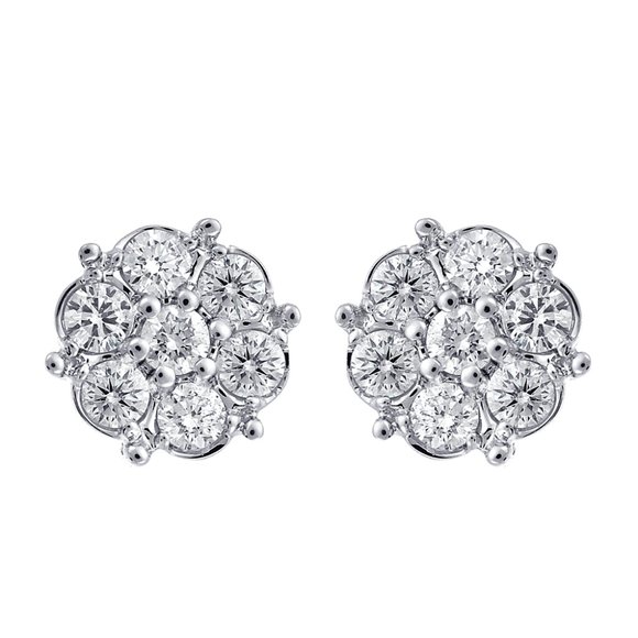 1.00 Carat Round Cut Diamond Cluster Stud Earrings 14K White Gold - Picture 2 of 6